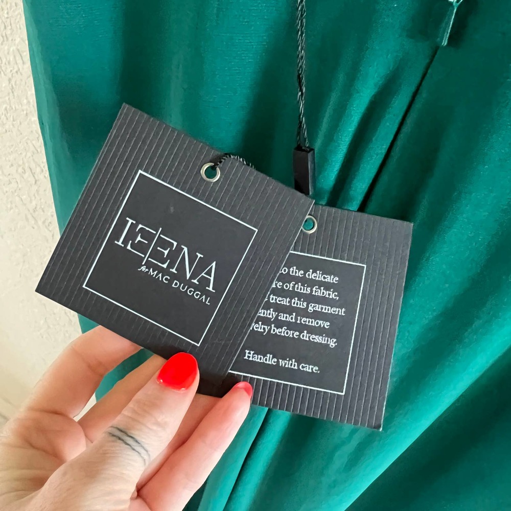 NEW $278 Ieena for Mac Duggal Ruched Waist Column Gown Emerald Green - Picture 5 of 6